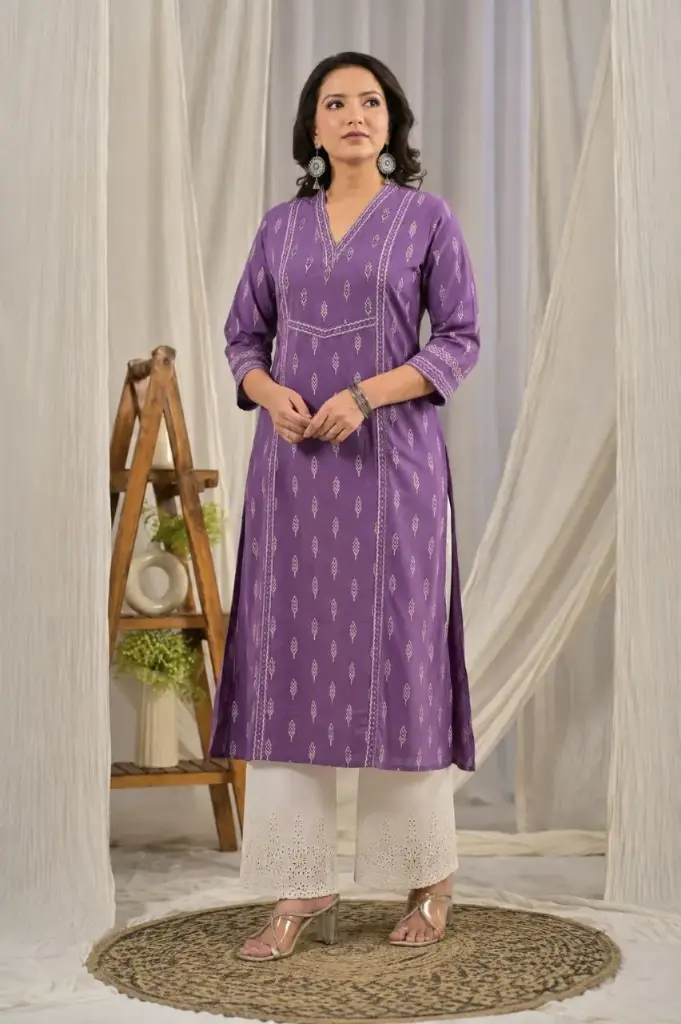 Purple Leaf Printed Soft Cotton Kurta with Chikankari Palazzo Set