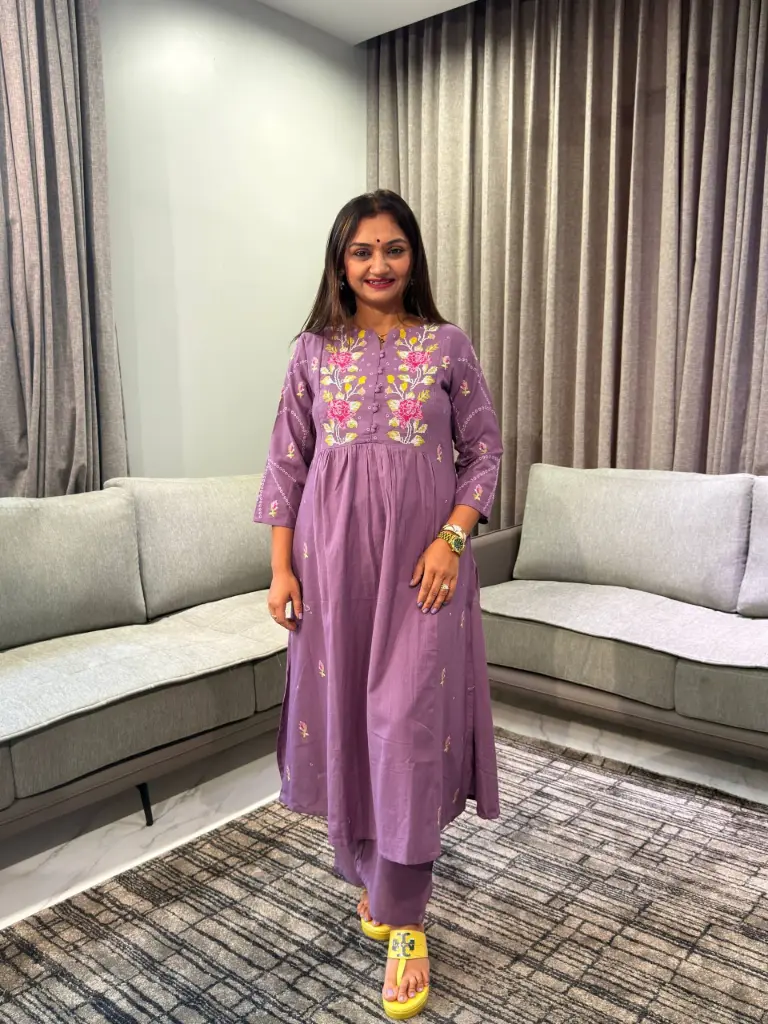 Dusty Mauve Floral Embroidered Soft Cotton Kurta Set