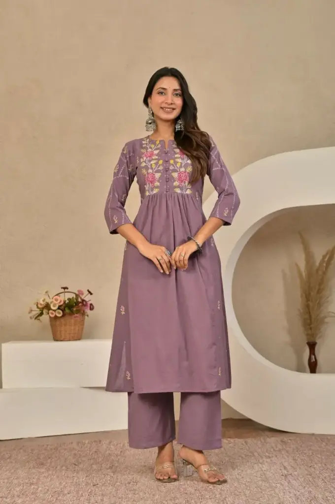 Dusty Mauve Floral Embroidered Soft Cotton Kurta Set
