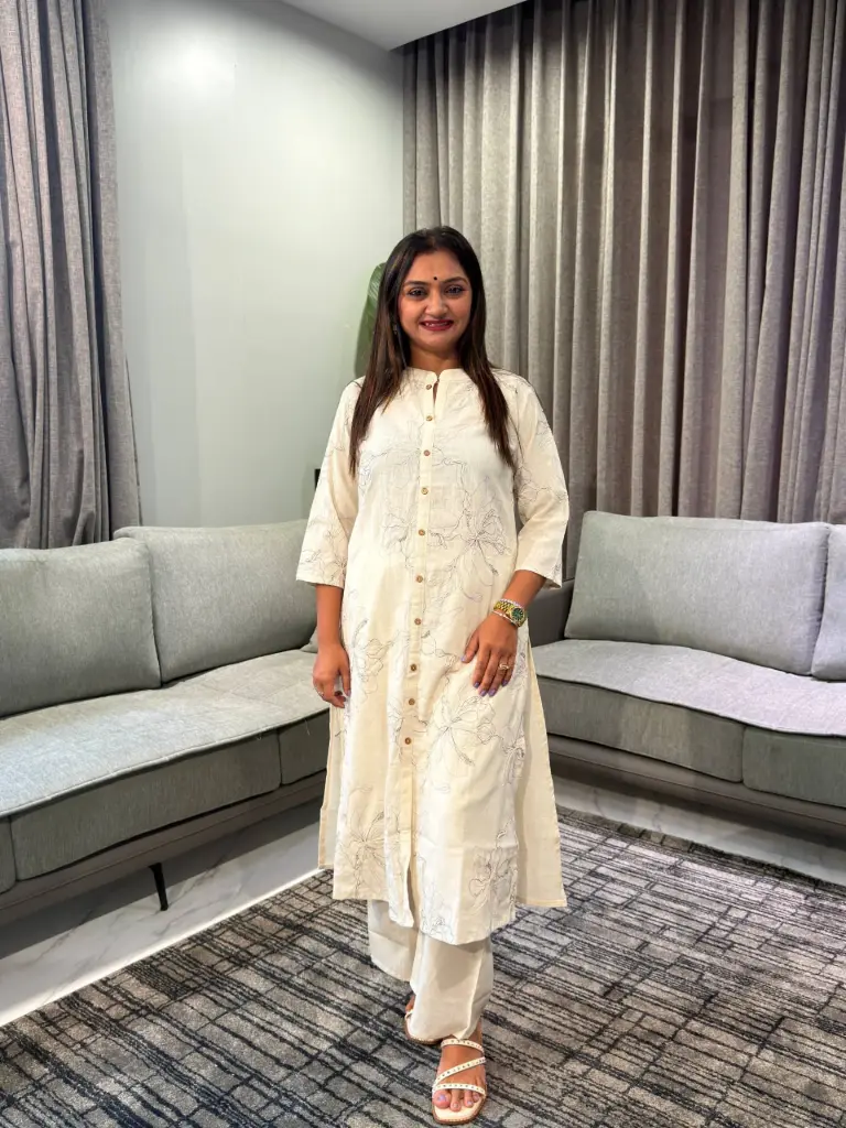 Beige Floral Line Embroidered Soft Cotton Shirt Kurta Set