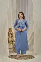 Slate Blue Floral Embroidered Soft Cotton Kurta Set