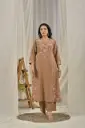 Beige-Brown Floral Threadwork Embroidered Soft Cotton Kurta Set