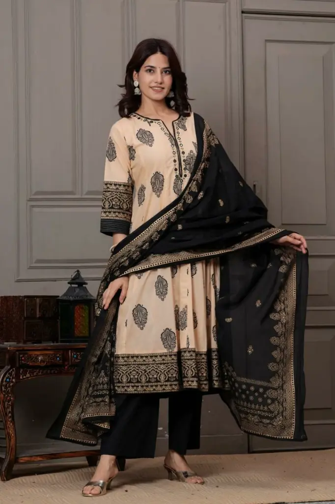 Beige and Black Block Print Cotton 3-Piece Kurta Set