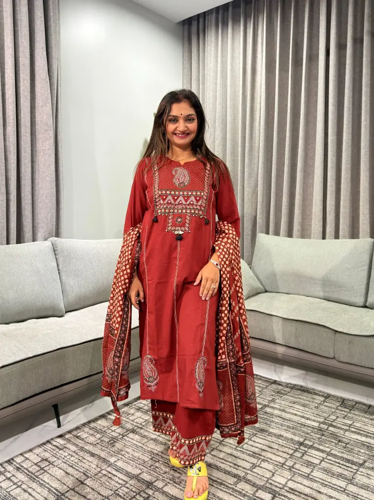 Rust Red Ajrakh Inspired Embroidered Soft Cotton 3-Piece Kurta Set