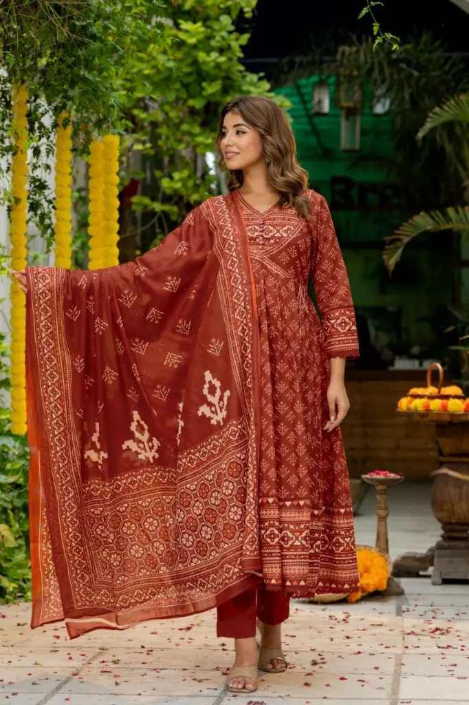Maroon Bandhani Print Angrakha Cotton 3-Piece Kurta Set