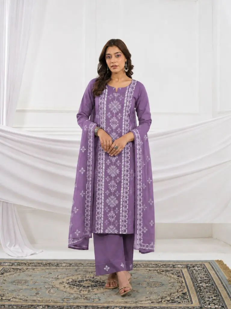 Purple Geometric Motif Embroidered Soft Cotton 3-Piece Kurta Set