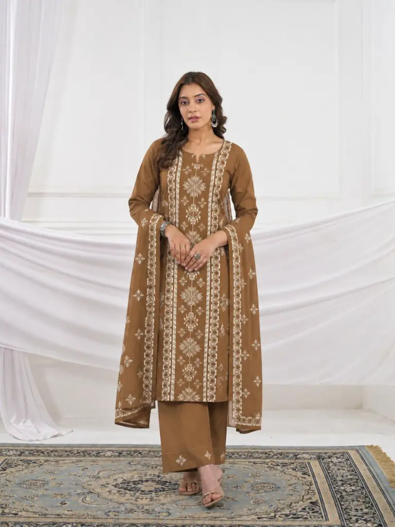 Brown Geometric Motif Embroidered Soft Cotton 3-Piece Kurta Set