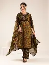 Olive Green Floral Printed Cotton Kurta Set with Checkered Palazzo & Dupatta