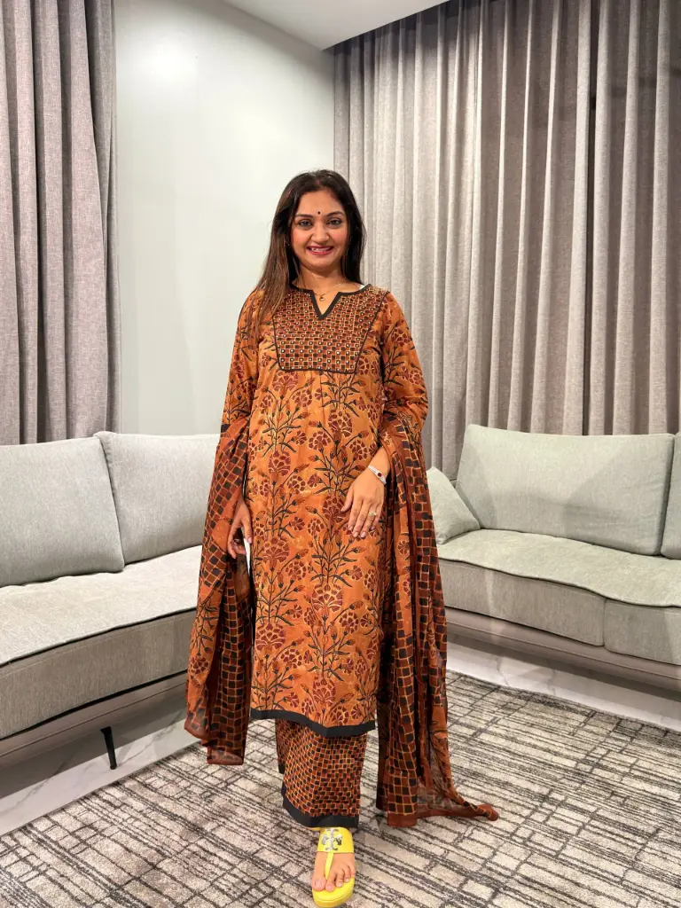 Rust Orange Floral Printed Cotton Kurta Palazzo Set