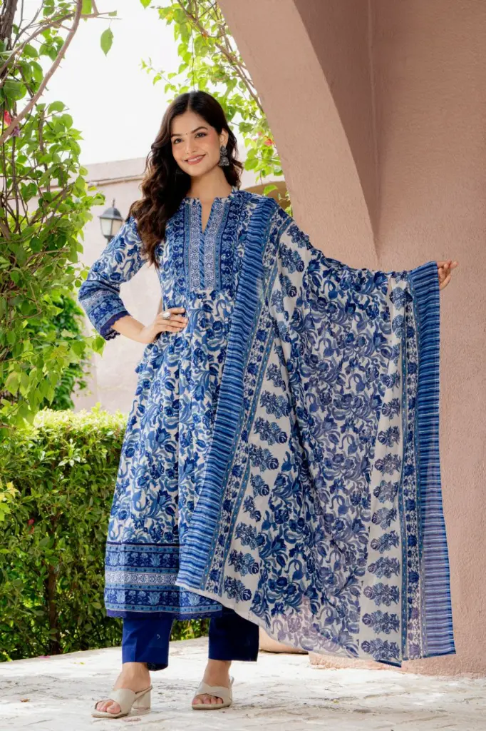 Royal Blue Floral Printed Cotton Anarkali Kurta Set