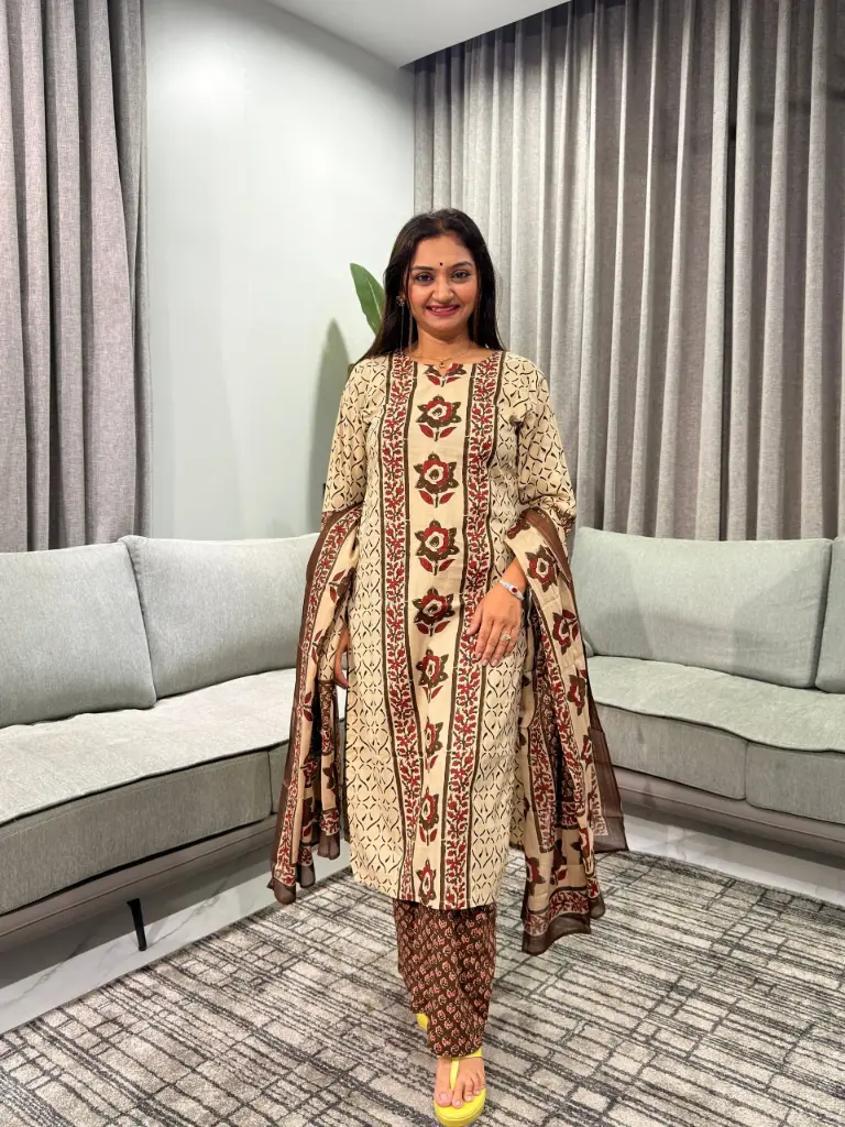 Beige Maroon Floral Printed Cotton Straight Kurta Palazzo Set