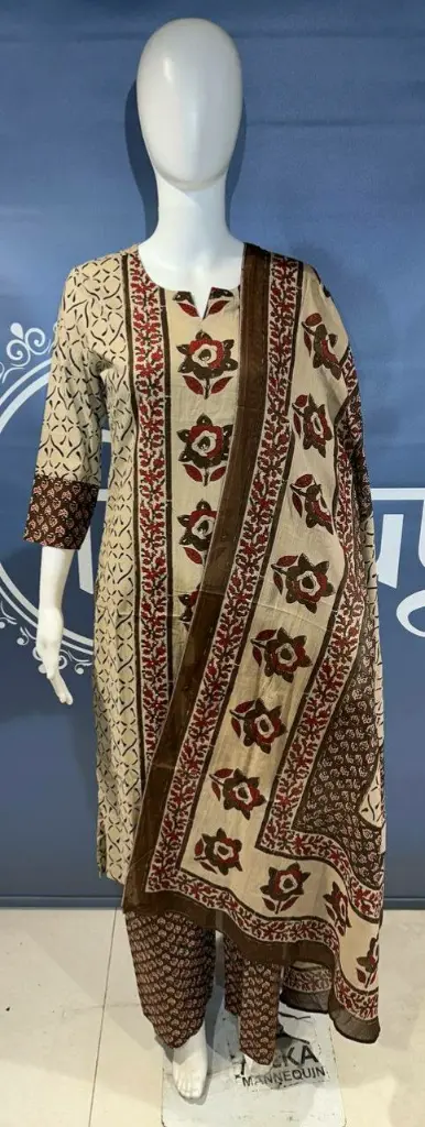 Beige Maroon Floral Printed Cotton Straight Kurta Palazzo Set
