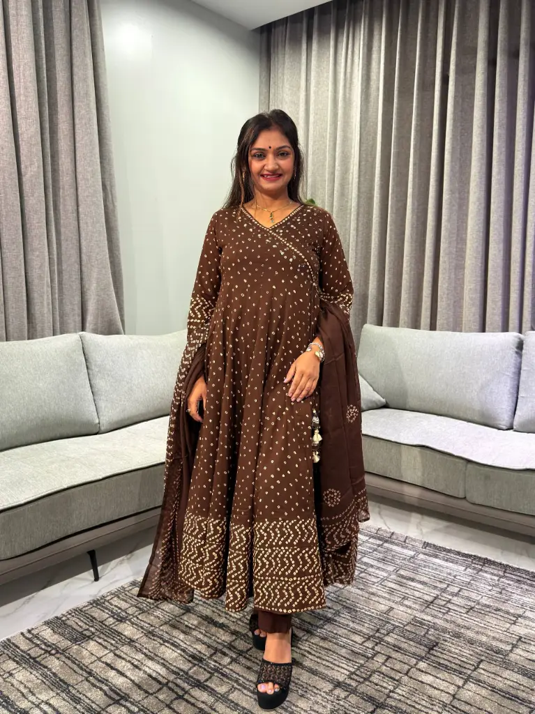 Chocolate Bandhani Bloom Pure Cotton Kurta Set