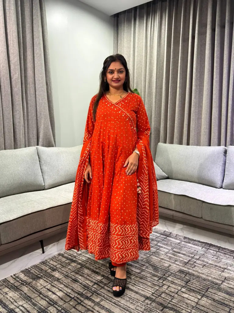 Rust Orange Bandhani Elegance Pure Cotton 3-Piece Kurta Set