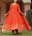Rust Orange Bandhani Elegance Pure Cotton 3-Piece Kurta Set