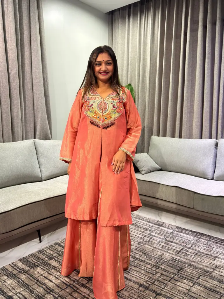 Peach Coral Shimmer Organza Indo-Western Shrug Palazzo Set