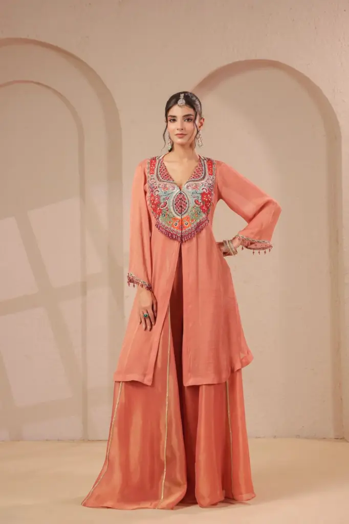 Peach Coral Shimmer Organza Indo-Western Shrug Palazzo Set