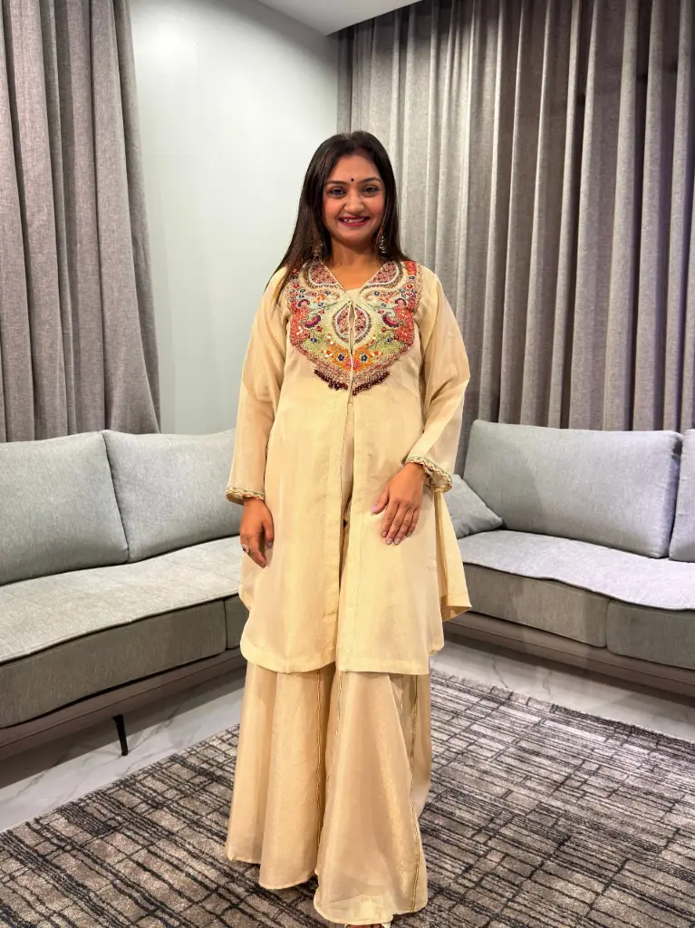 Beige Champagne Shimmer Organza Indo-Western Shrug Palazzo Set