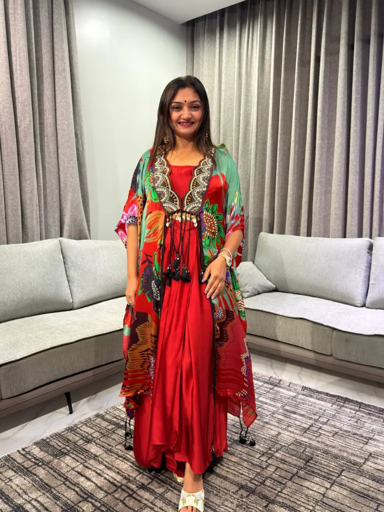 Rust Orange Tropical Floral Print Modal Satin Kaftan Co-Ord Set