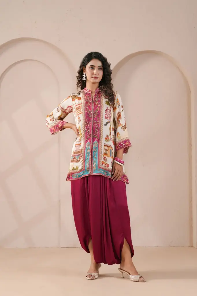 Off-White & Magenta Heritage Printed Modal Satin Silk Co-Ord Set