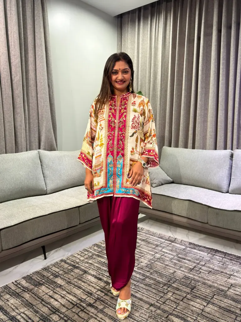 Off-White & Magenta Heritage Printed Modal Satin Silk Co-Ord Set