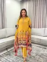 Mustard Yellow Viscose Crepe Embroidered Yoke 3-Piece Kurta Set