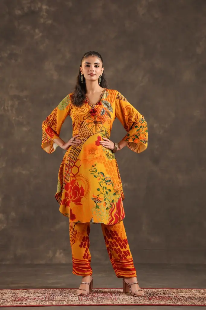 Mustard Yellow Viscose Crepe Printed Kurta Palazzo Set with Dupatta