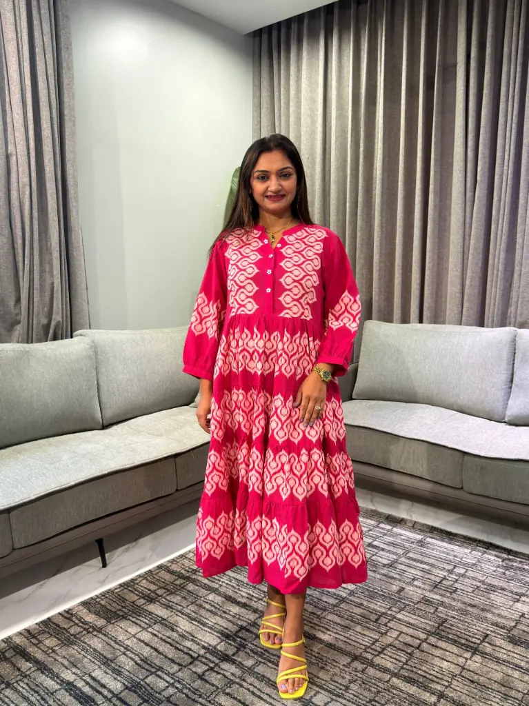 Pink Geometric Tiered Pure Cotton Long Dress
