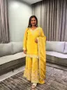 Mustard Yellow Festive Silk Hand-Embroidered Sharara Suit Set