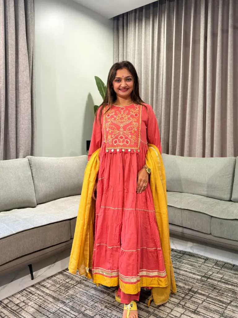Coral Pink Tiered Anarkali Festive Cotton Suit Set