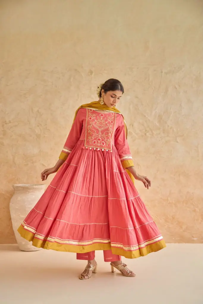 Coral Pink Tiered Anarkali Festive Cotton Suit Set