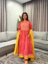 Coral Pink Tiered Anarkali Festive Cotton Suit Set