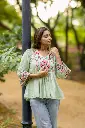 Pista Green Floral Embroidered Mull Cotton Short Top