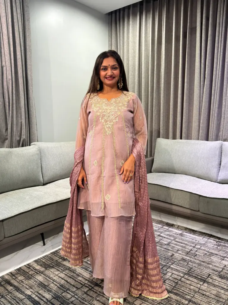 Mauve Pink Festive Shimmer Hand-Embroidered Sharara Set