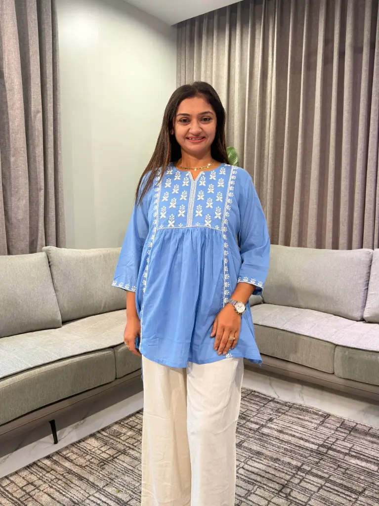 Powder Blue Floral Threadwork Premium Cotton Tunic