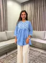 Powder Blue Floral Threadwork Premium Cotton Tunic