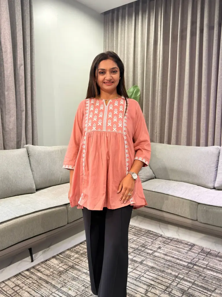 Rust Peach Floral Threadwork Premium Cotton Tunic
