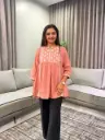 Rust Peach Floral Threadwork Premium Cotton Tunic