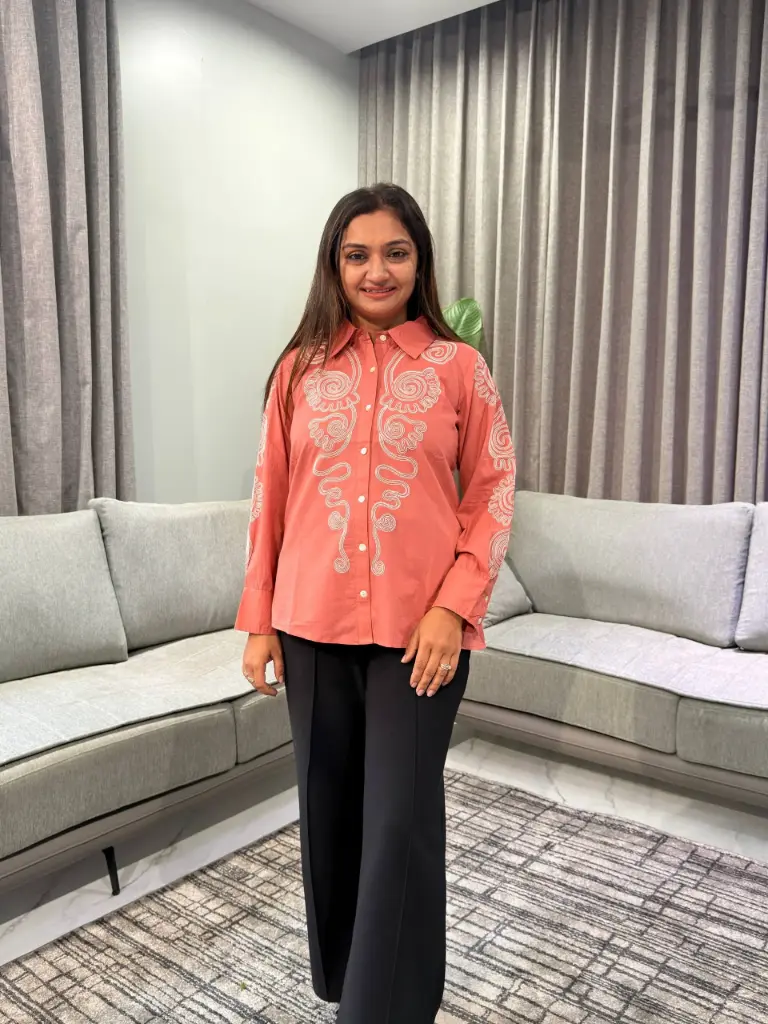 Coral Rust Cord-Embroidered Pure Cotton Shirt
