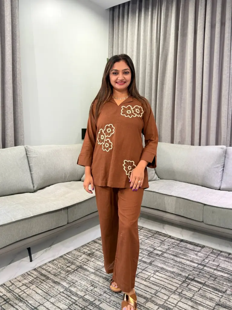 Rust Brown Floral Appliqué Flex Cotton Co-Ord Set