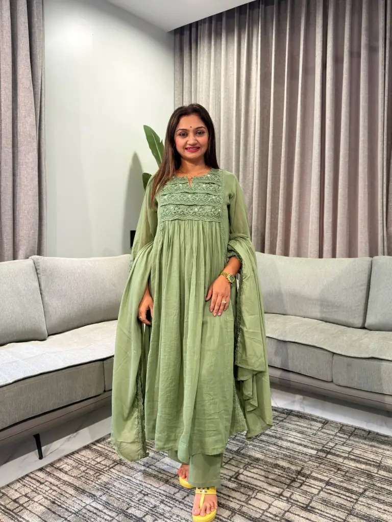 Olive Sage Green Lace Embroidered Anarkali Cotton Suit Set
