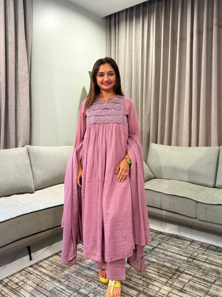 Dusty Mauve Lace Embroidered Anarkali Cotton Suit Set