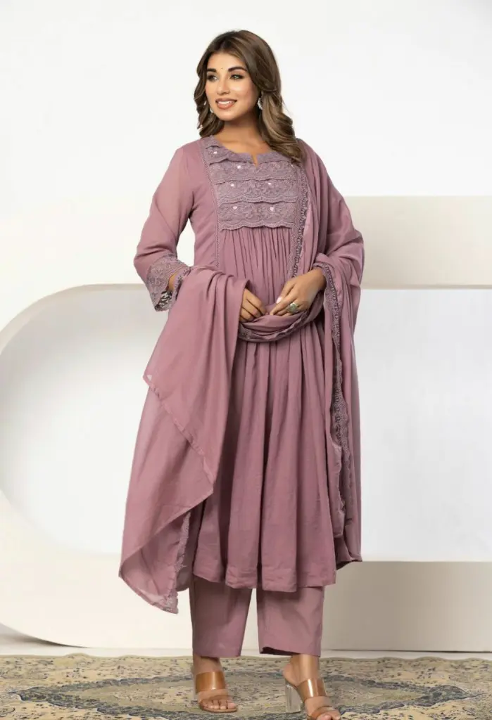 Dusty Mauve Lace Embroidered Anarkali Cotton Suit Set