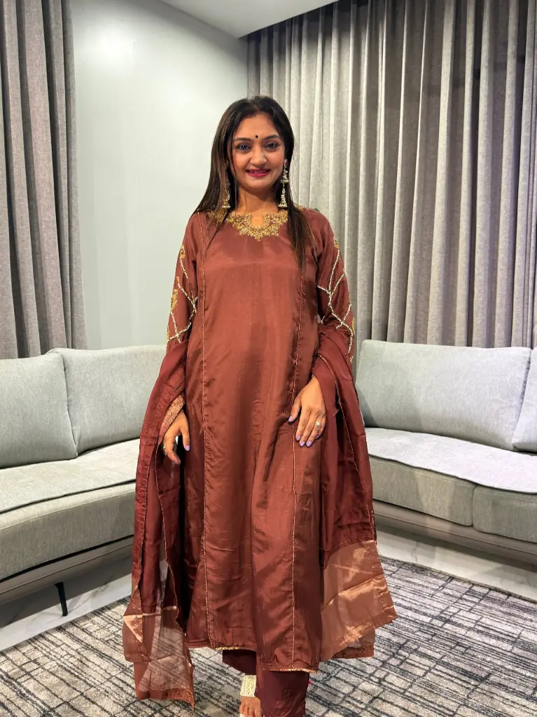 Chocolate Brown Dola Silk Hand-Embroidered Anarkali Suit Set