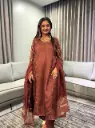 Chocolate Brown Dola Silk Hand-Embroidered Anarkali Suit Set