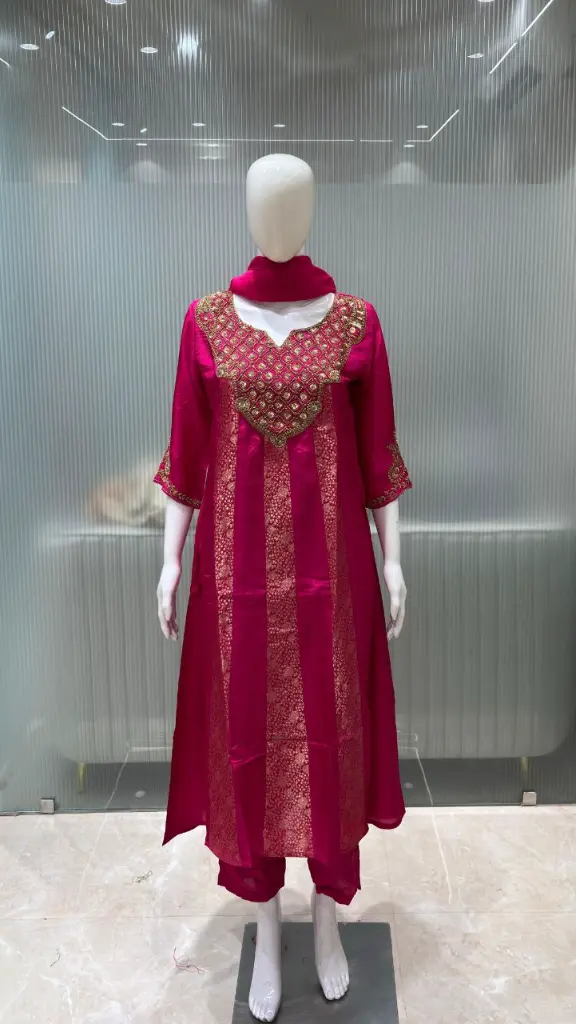 Rani Pink Dola Silk Banarasi Panels & Zardozi Yoke Suit Set