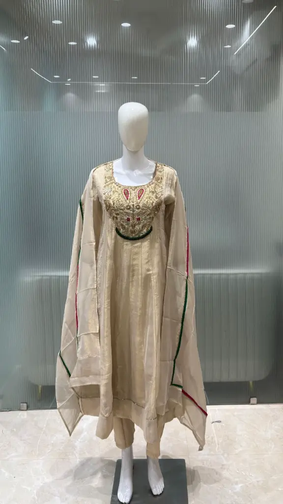 Beige Gold Festive Tissue Hand-Embroidered Anarkali Suit Set