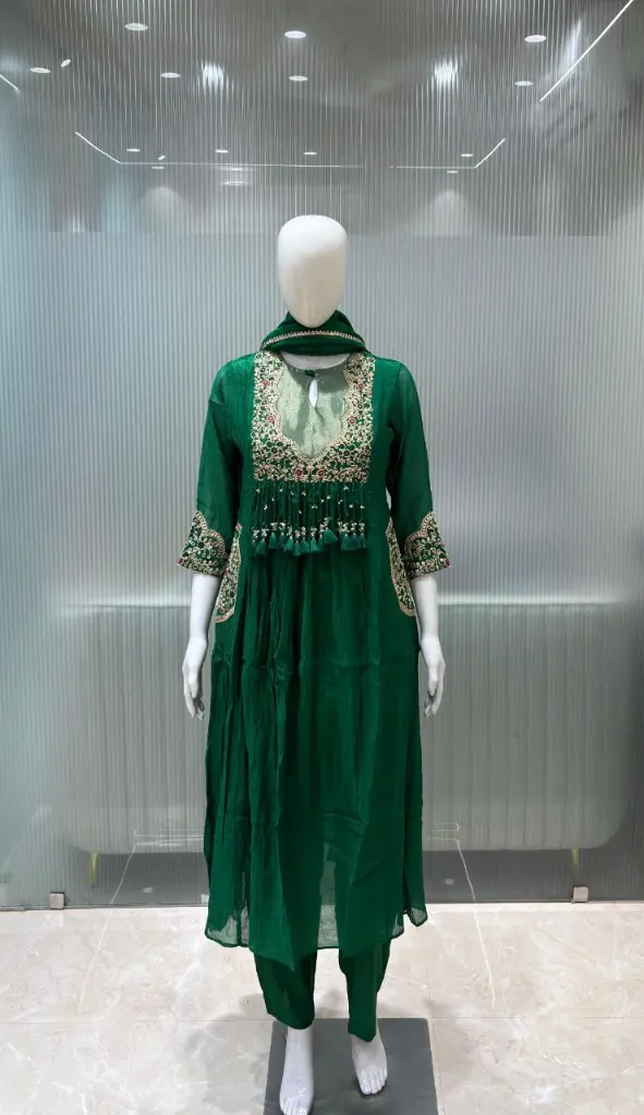 Emerald Green Dola Silk Hand-Embroidered Tassel Anarkali Set