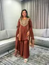 Chocolate Brown Dola Silk Pearl & Zardozi Hand-Embroidered Set