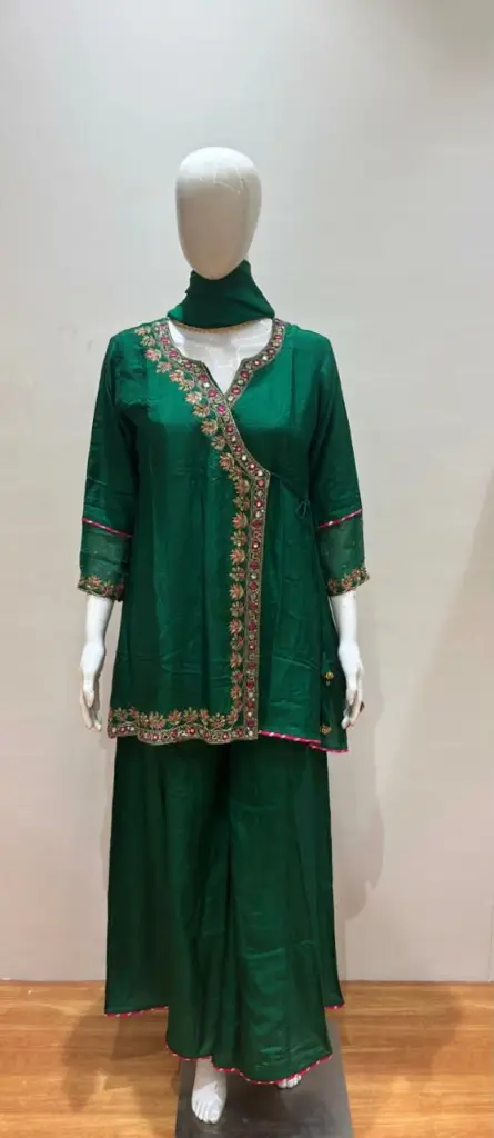 Emerald Green Dola Silk Angrakha Co-Ord Set